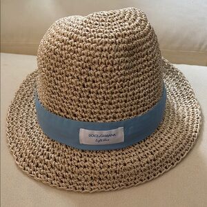 Dolce & Gabbana Beige Straw Hat with Light Blue Band NEW